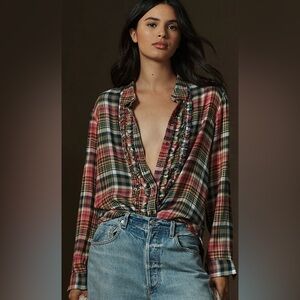 Pilcro Anthropologie Plaid Ruffle Button Down Top Boho Cottagecore Flannel Med
